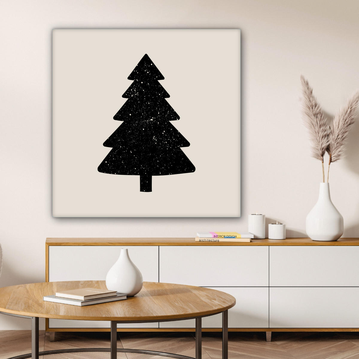 LEINWANDBILD Weihnachtsbaum - Schwarz - Urlaub - Beige Deko Groß 90x90 cm - Schwarz, Textil (90/90cm) - MuchoWow