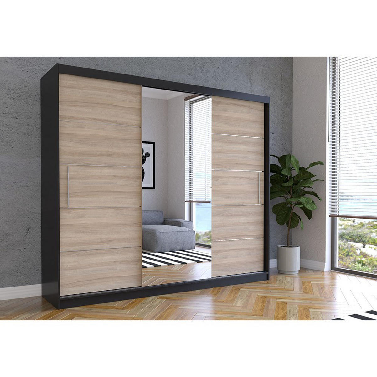 SCHWEBETÜRENSCHRANK Alba Schwarz/Sonoma Eiche + Spiegel, mit LED-Beleuchtung 250 cm - Alufarben/Schwarz, Glas/Holzwerkstoff (250/218/61cm) - imoebel24