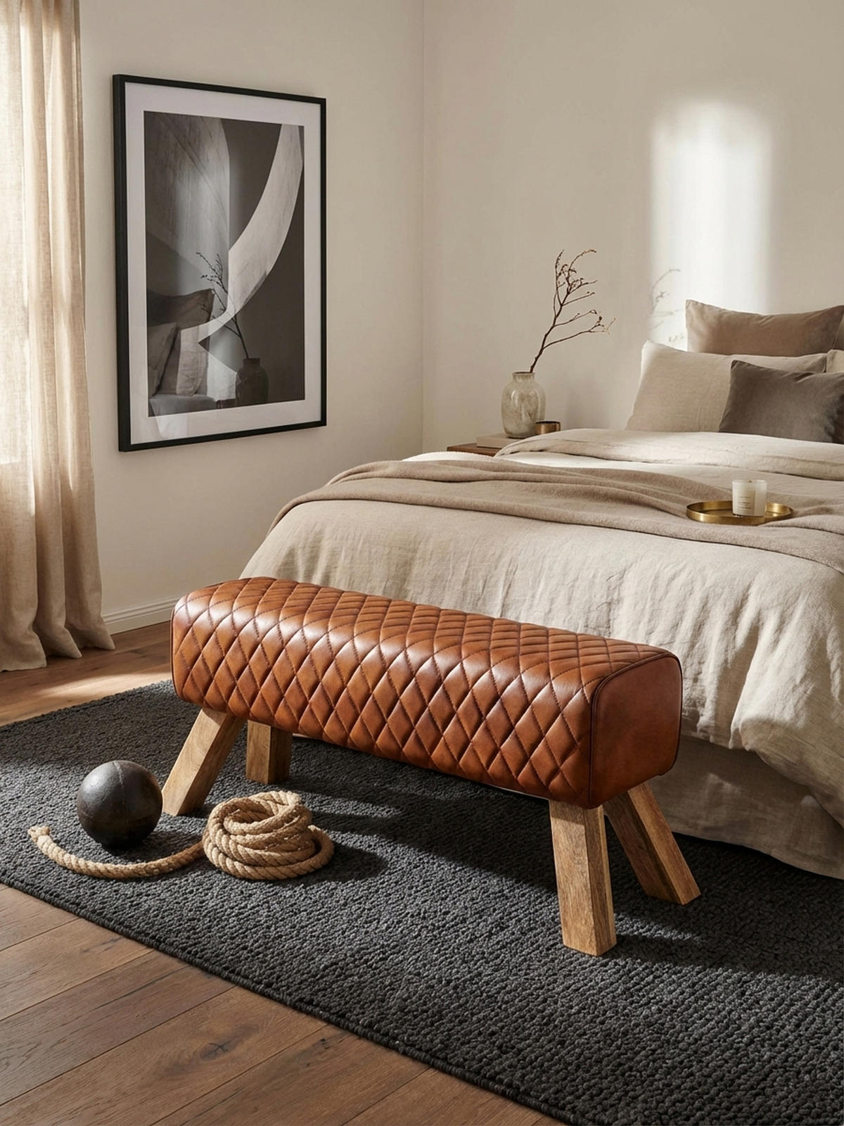 SITZBANK – Leder/Mango Massivholz, ohne Lehne - Braun, Mangoholz/Leder (89/46/35cm) - KADIMA DESIGN