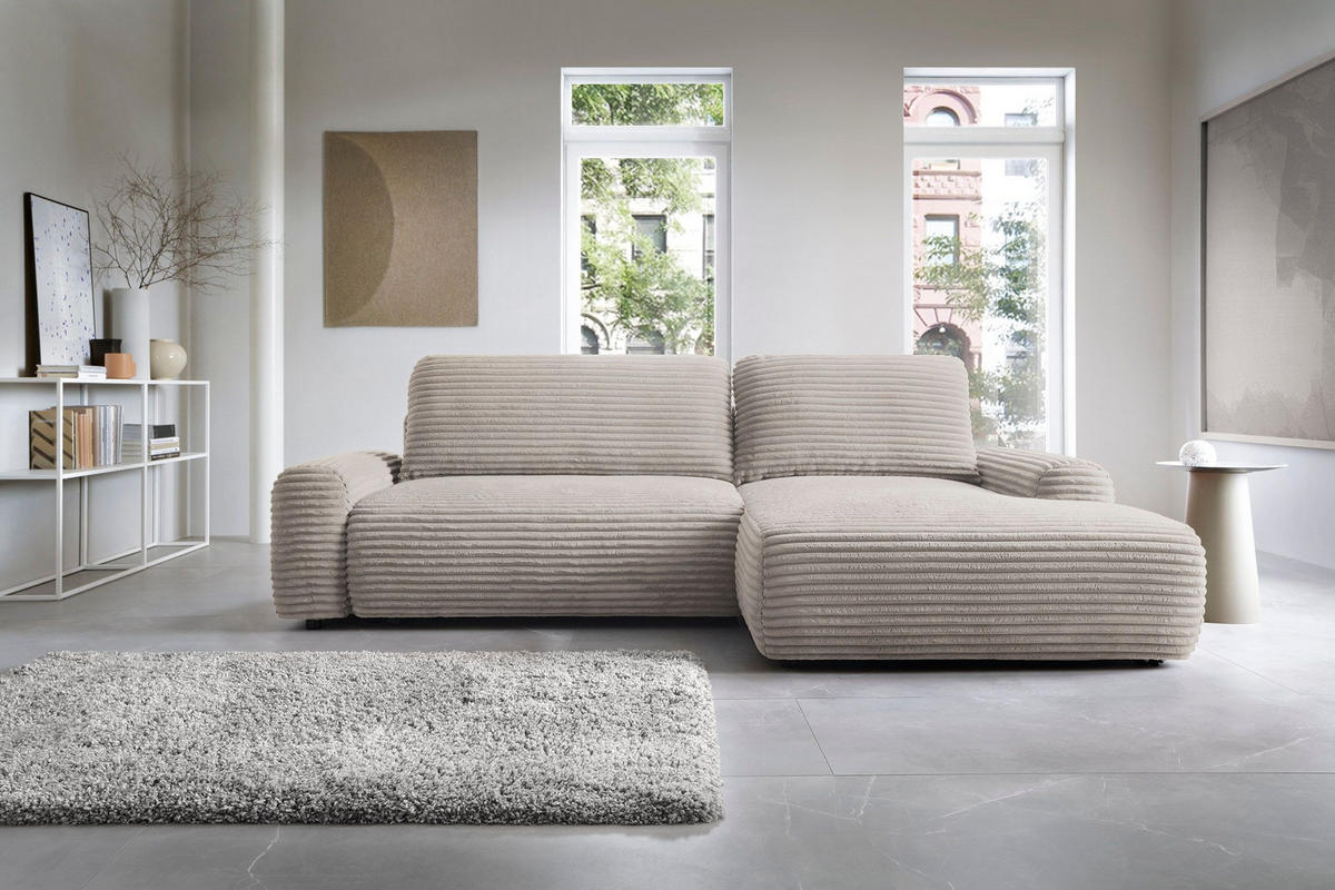 ECKSOFA OSSO Braun Velours-Stoff mit Schlaffunktion - Braun, Holz (264/162cm) - MASSENO