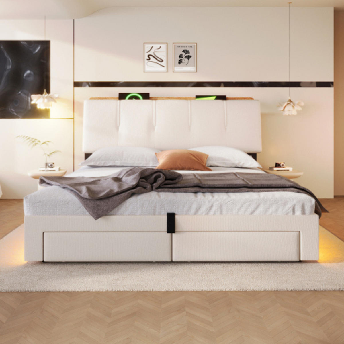 POLSTERBETT beige 218×142×107 cm aus Leinen-Stoff mit Stauraumkopfteil, Hydraulikbettkasten - Beige, Textil (140/200cm) - Luhomfu