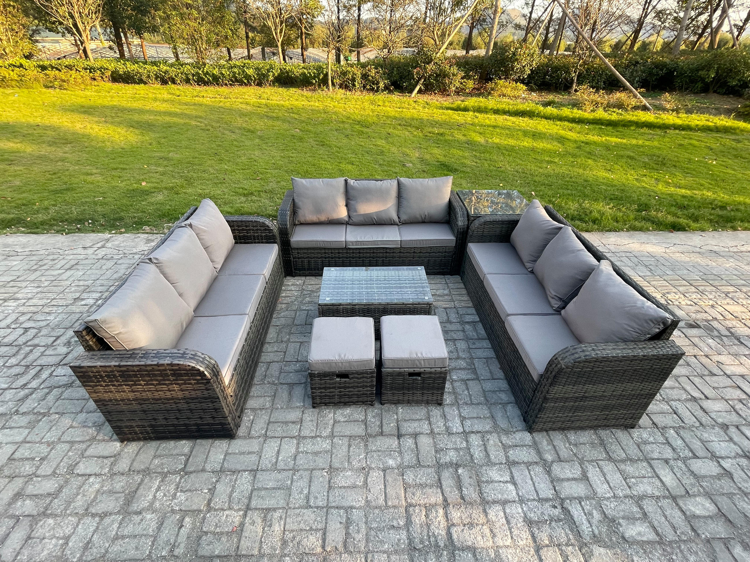 GARTENMÖBELGARNITUR mit KISSEN Polyrattan Dunkelgrau 11-Sitzer - Dunkelgrau/Grau, Glas/Kunststoff - Fimous