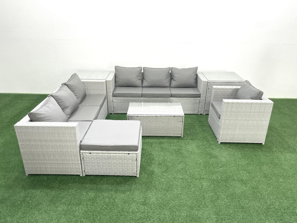 GARTENGARNITUR mit 3-SITZER SOFA,COUCHTISCH Polyrattan Hellgrau-Mix 8-Sitzer - Hellgrau/Grau, Glas/Kunststoff - Fimous