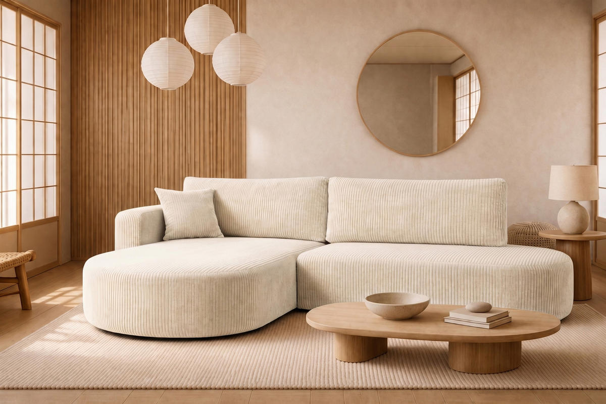 ECKSOFA Mit Schlaffunktion Und Bettkasten, Cordstoff Poso, Beige, Links, ROUND ONE OPEN XL - Creme, Holz (262/175cm) - Kaiser Möbel