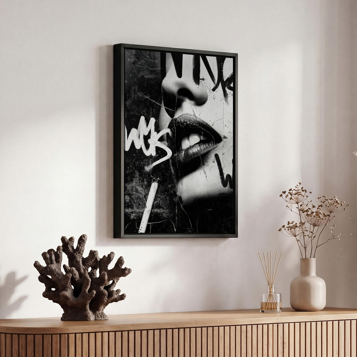 LEINWAND Bilder mit Rahmen - Gesicht - Mund - Graffiti - Schwarz - 20x30 - Schwarz, Textil (20/30cm) - MuchoWow