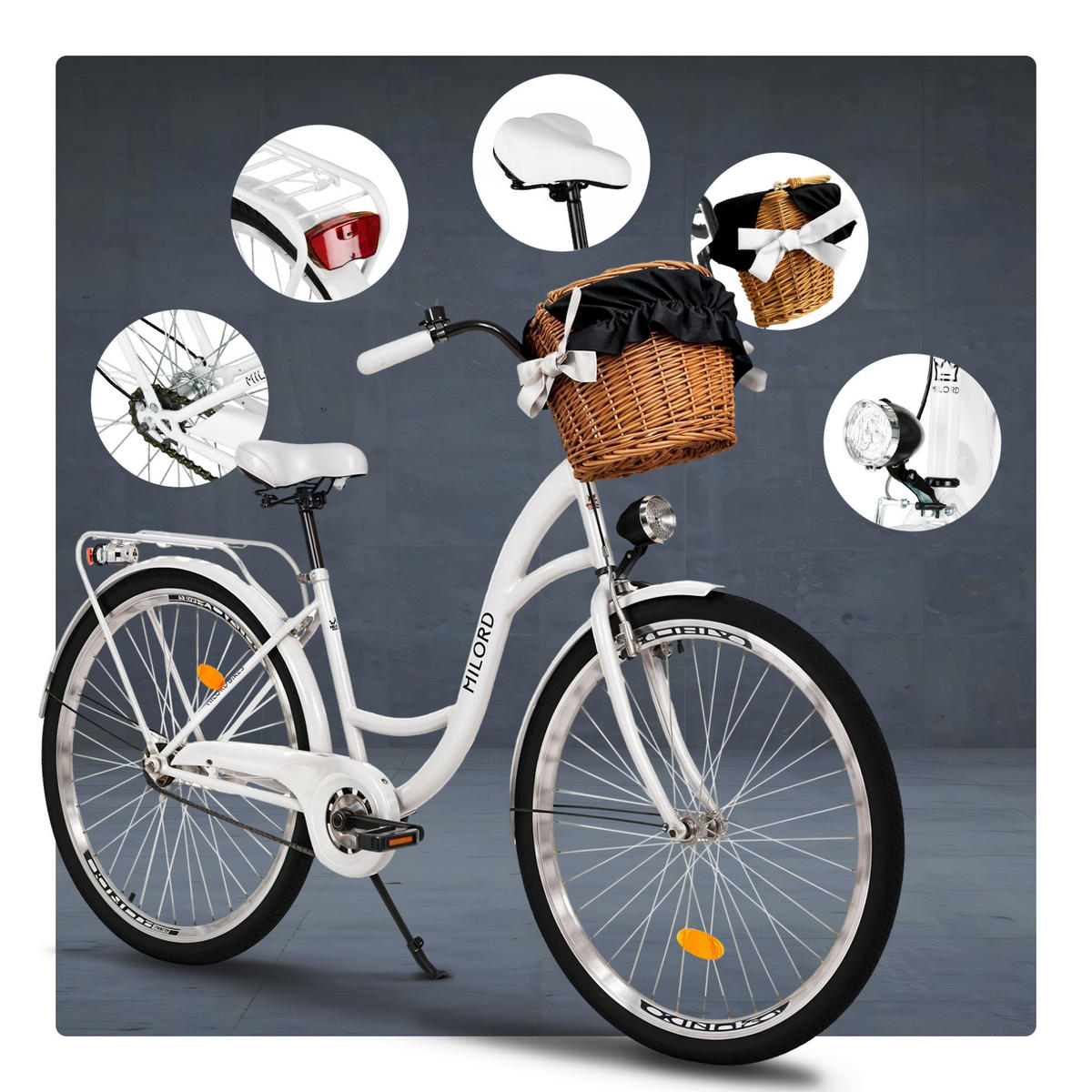 CITY-FAHRRAD Milord mit Weidenkorb, 28 Zoll, Weiß, 1-Gang - Weiß, Metall (46cm) - Milordbikes