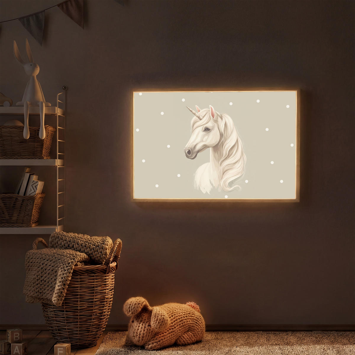 NACHTTISCHLAMPE MIT AKKU Einhorn - Weiß - Punkte 90x60 cm - Taupe, Holzwerkstoff (8/90/60cm) - OnlyWow