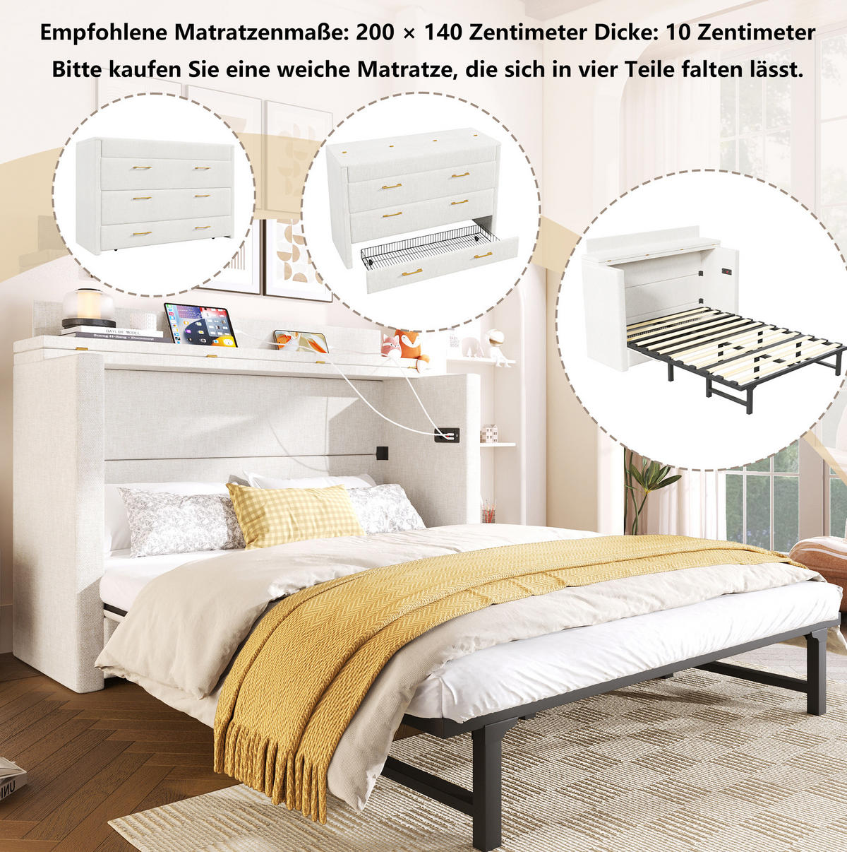 BETT 140/200 cm mit Kopfteil und Schublade – mobiles Schrankbett in Beige - Beige, Textil (140/200cm) - BEAOK