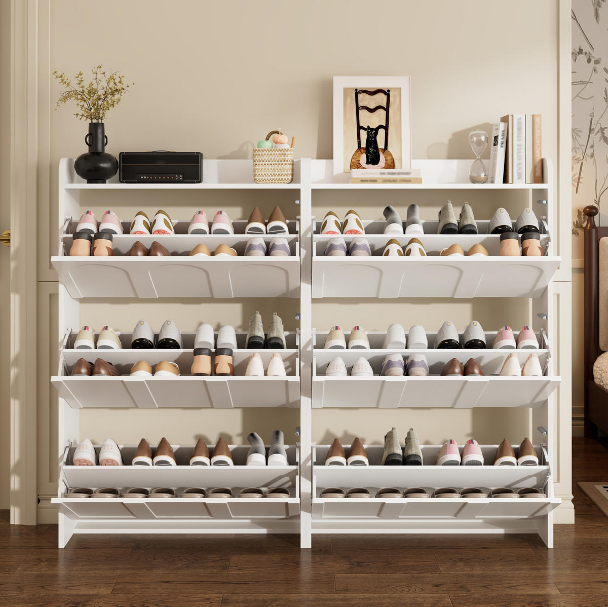 SCHUHSCHRANK 140/25/120 cm weiß aus MDF mit 6 Klappfächern - Weiß, Holzwerkstoff (70/120/25cm) - OKWISH