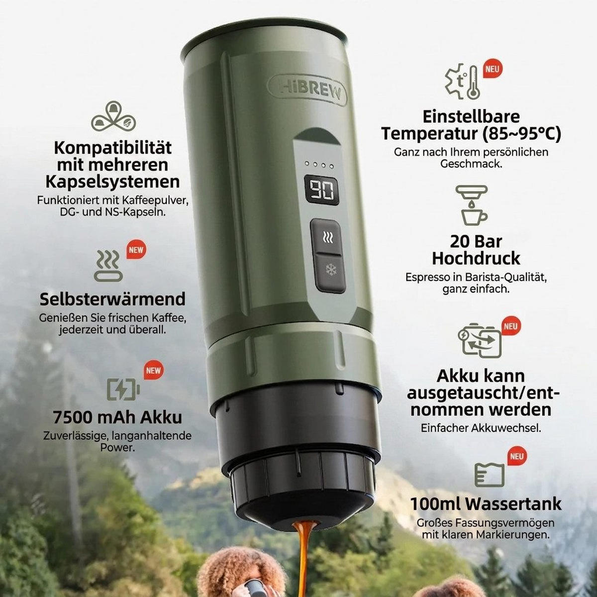 ESPRESSOMASCHINE Tragbare Auto Kaffeemaschine mit Heizfunktion 20 Bar - Grün, Metall (7.5/22/7.5cm) - BEXEVUE
