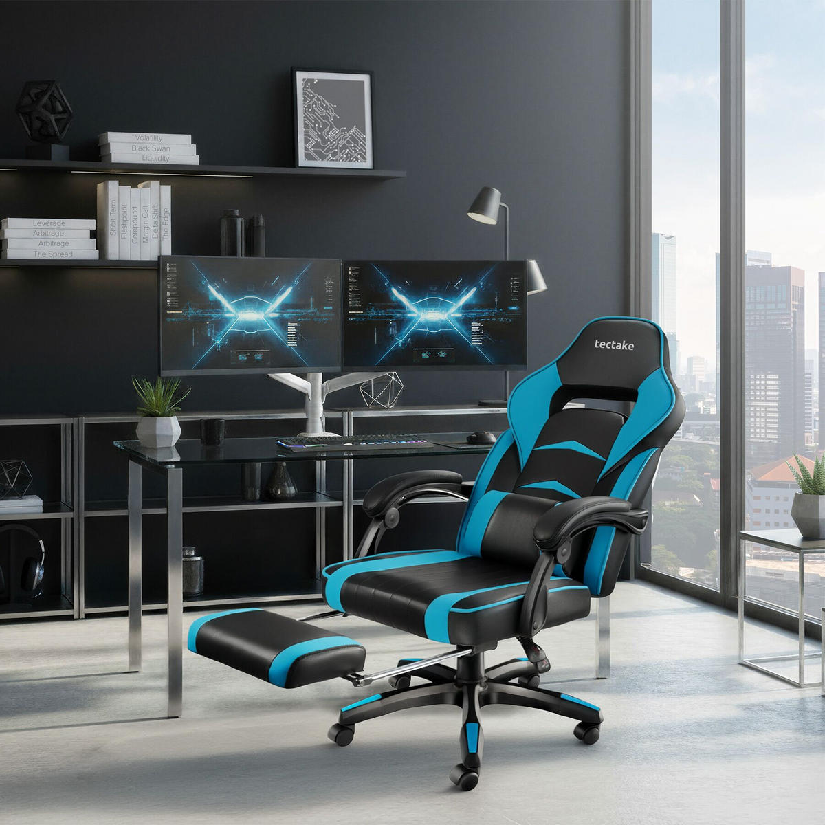 BÜROSTUHL Racing Comodo, Belastbarkeit 120 kg,schwarz/azur - Schwarz/Hellblau, Textil (70/127.5/69cm) - tectake