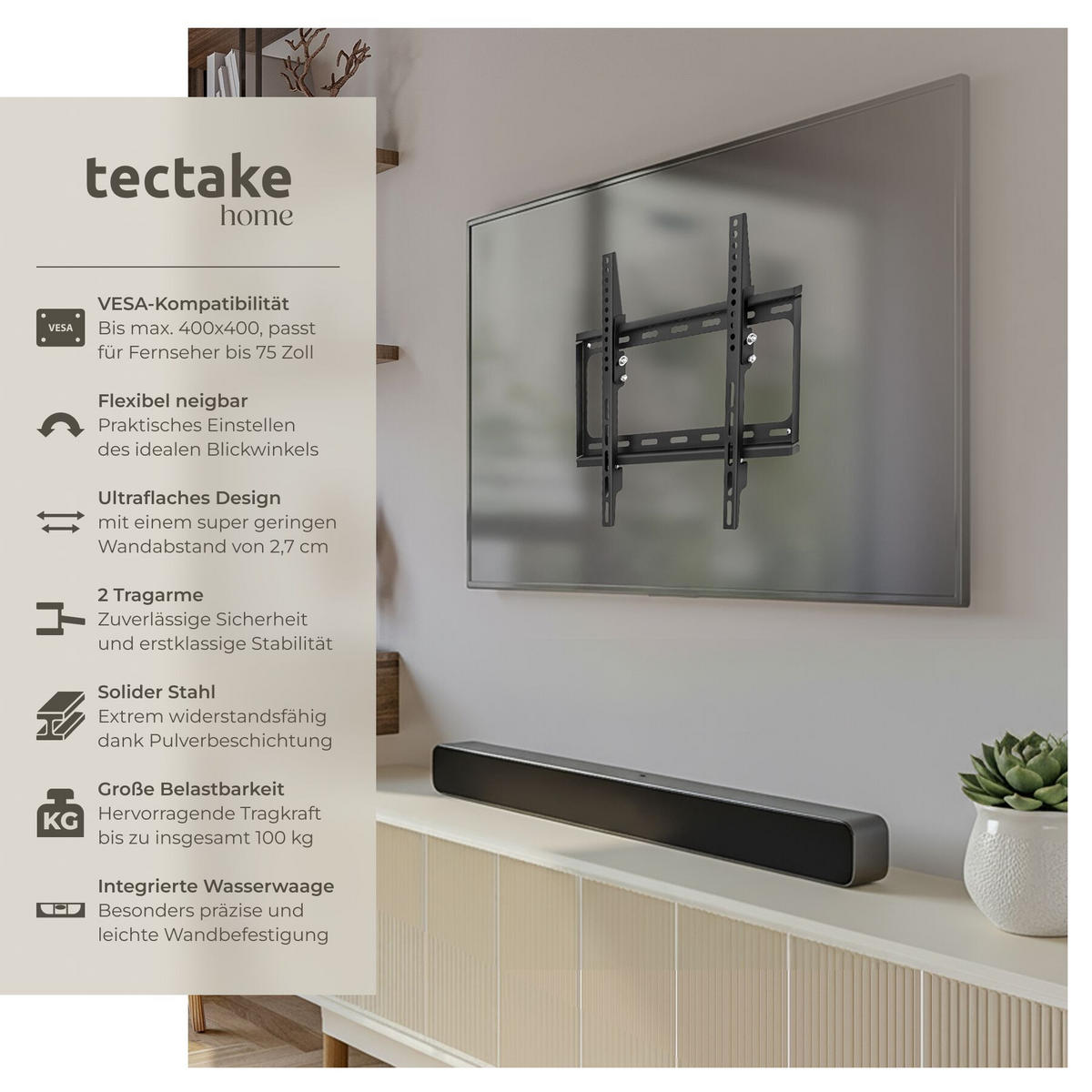 TV-WANDHALTERUNG, bis 100 kg, schwarz - Schwarz, Metall (40/2.5/45cm) - tectake