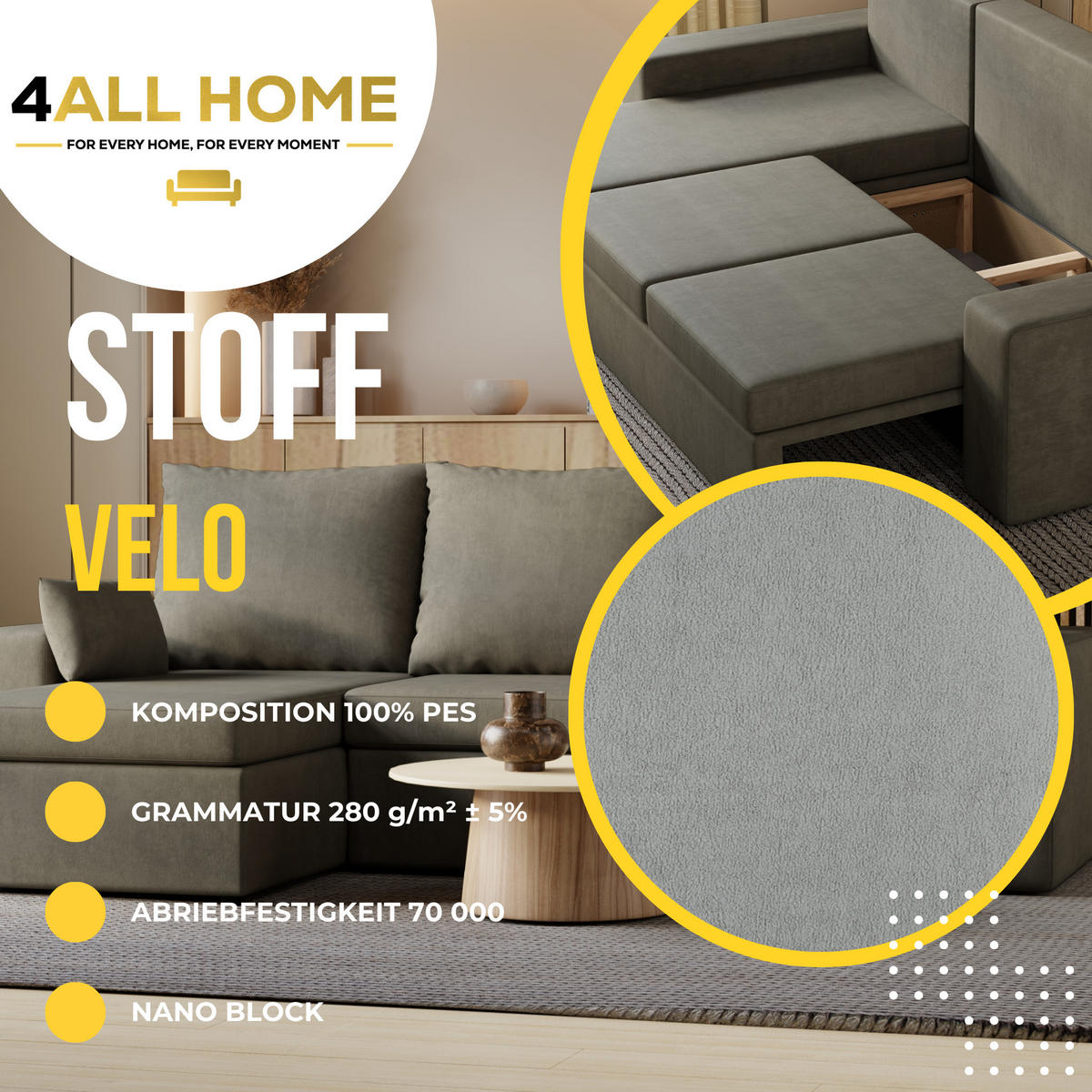 ECKSOFA Paco mit Bettkasten und Schlaffunktion, L-Form/XL-Form, Velourstoff, Universal - Hellgrau, Holzwerkstoff (246/145cm) - 4ALL HOME