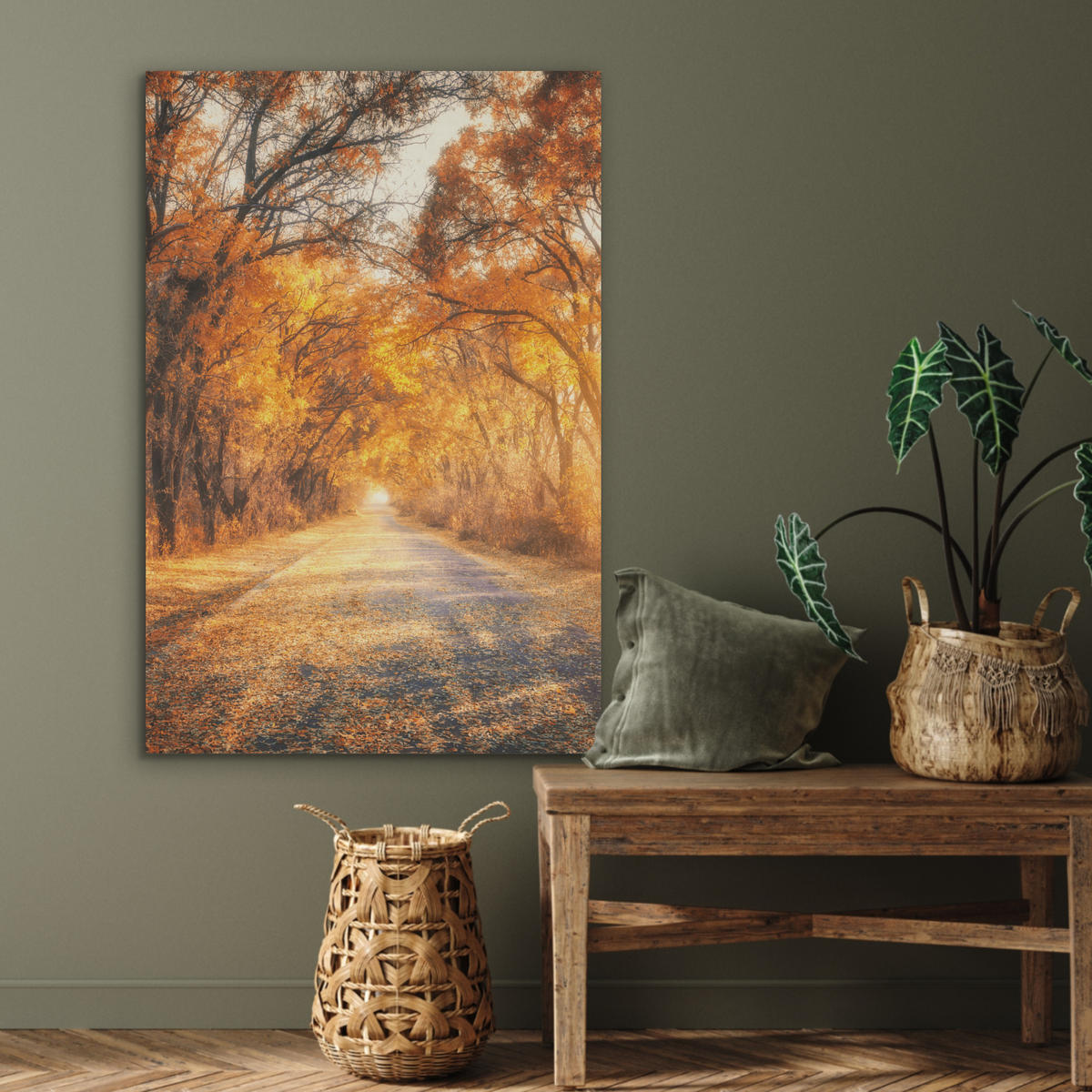 AKUSTIKPANEEL Wald - Herbst - Bäume - Waldweg - Natur 70x100 cm - Bernsteinfarben, Textil (70/0.9/100cm) - MuchoWow