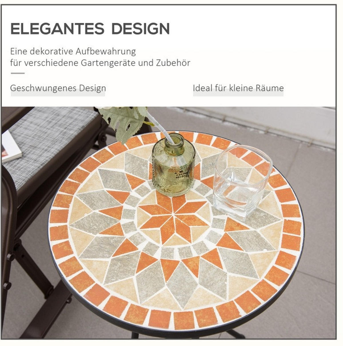 GARTENTISCH 35,5/35,5/53,5 cm als Beistelltisch mit Mosaikplatte und wetterfestem Metallgestell, Schwarz - Naturfarben, Metall (35.5/35.5/53.5cm) - Redom
