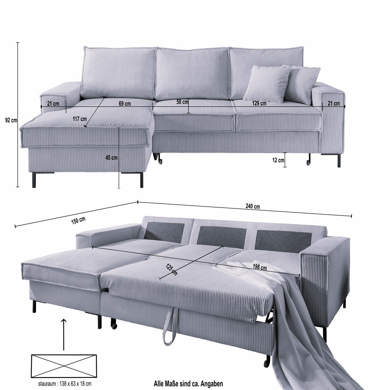 ECKSOFA mit Schlaffunktion, Bettkasten, Wellenunterfederung, Récamiere links B240/T150/H92 cm, Liegefl. 125x198 cm, Cord Grün / 17224 - Schwarz/Grün, Textil/Metall (240/150cm) - luma-home