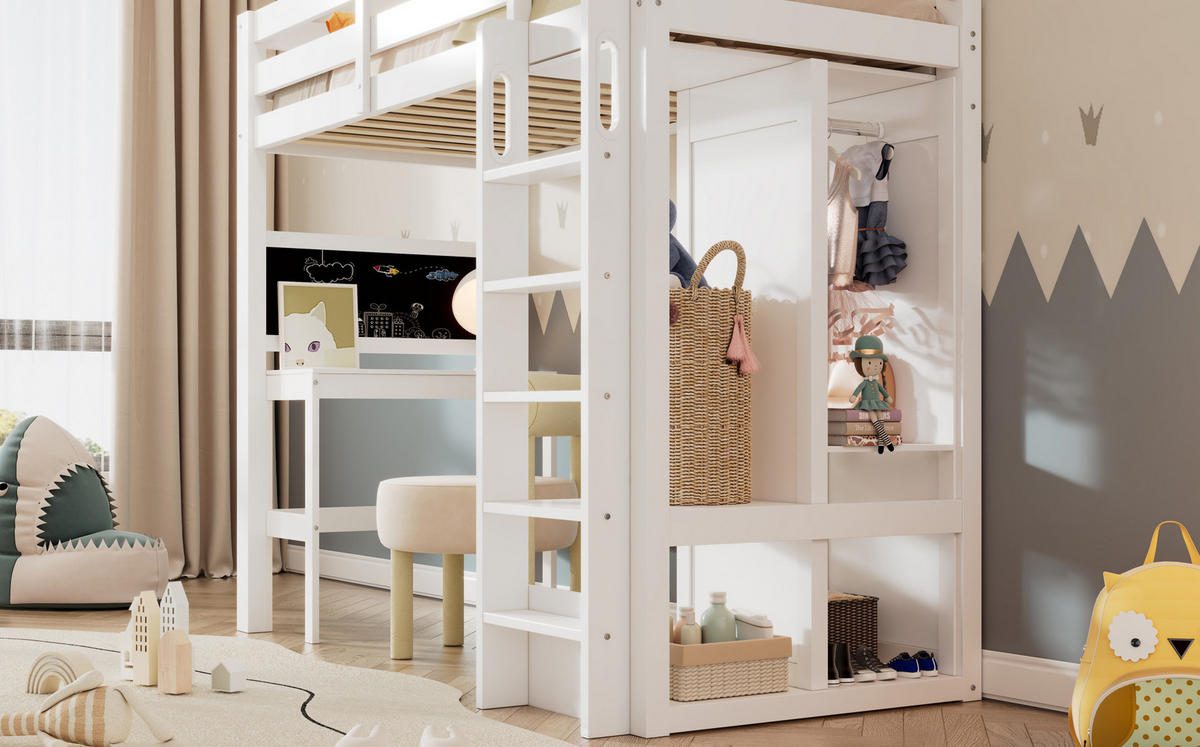 HOCHBETT 90/200 cm Weiß aus Holz mit Schreibtisch und Kleiderschrank - Weiß, Holzwerkstoff (90/200cm) - OKMYHOME