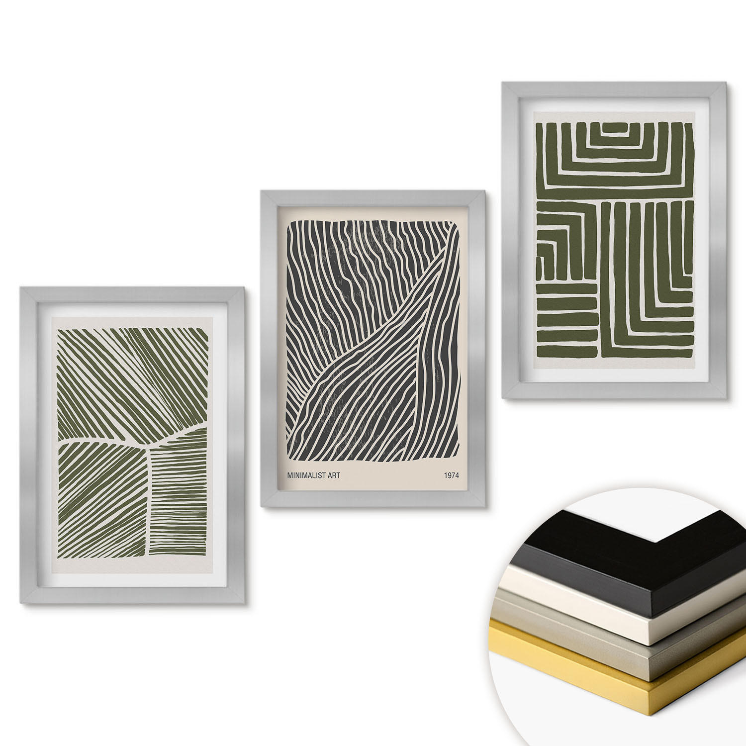 WANDBILDER 3er Set - 20x30 cm Silberner Rahmen - Muster Linien Formen grün - Silberfarben, Kunststoff (20/30cm) - ArtPrintCave