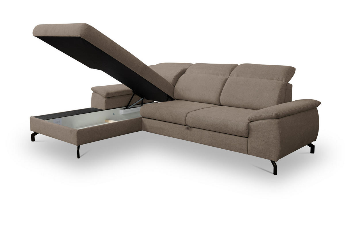 ECKSOFA MALIBU mit Schlaffunktion und Bettkasten, Farbe: Braun, Velourstoff, Ottomane Links - Braun, Textil (276/184cm) - VENASI MÖBEL