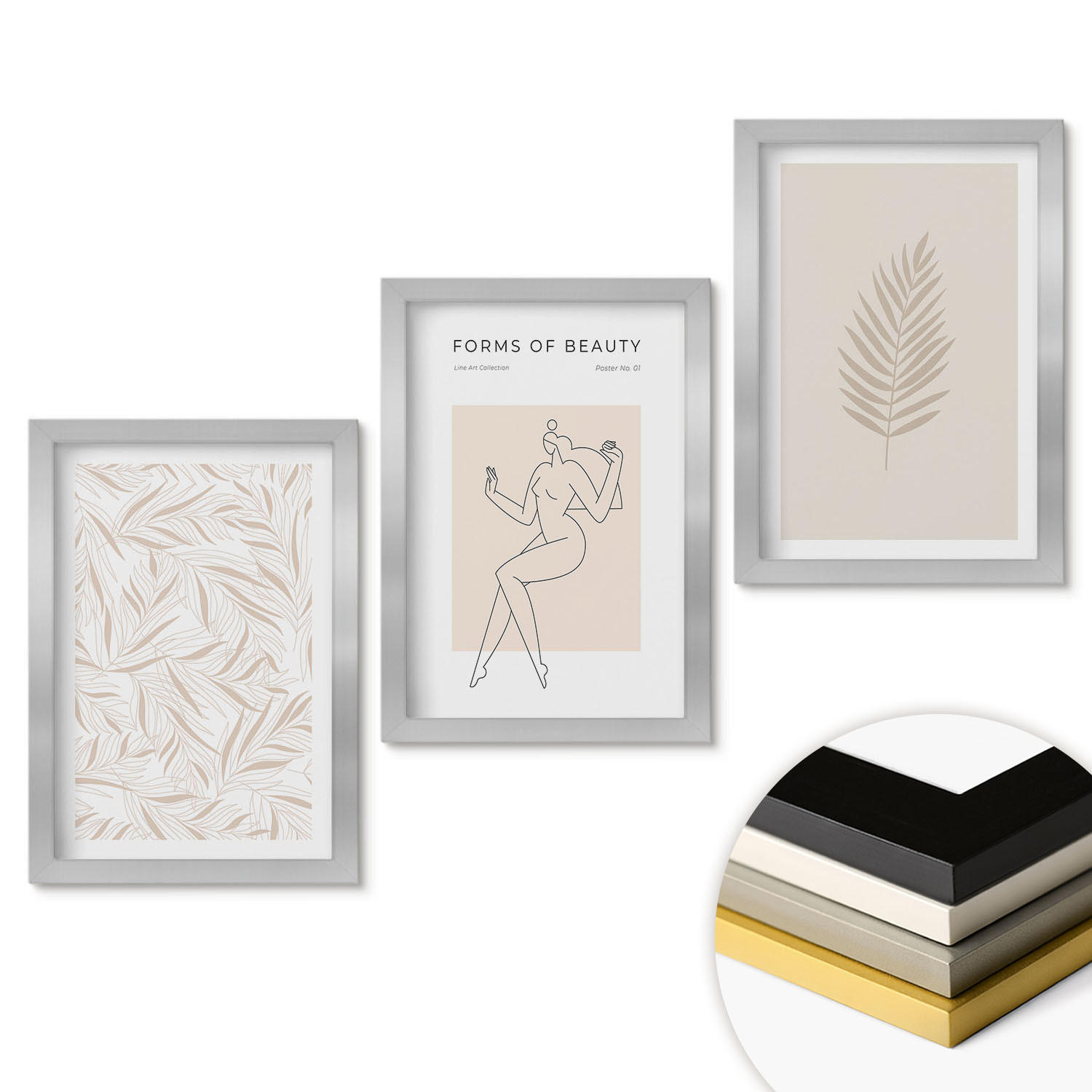 WANDBILDER 3er Set - 20x30 cm Silberner Rahmen - Minimalistische botanische Motive - Silberfarben, Kunststoff (20/30cm) - ArtPrintCave