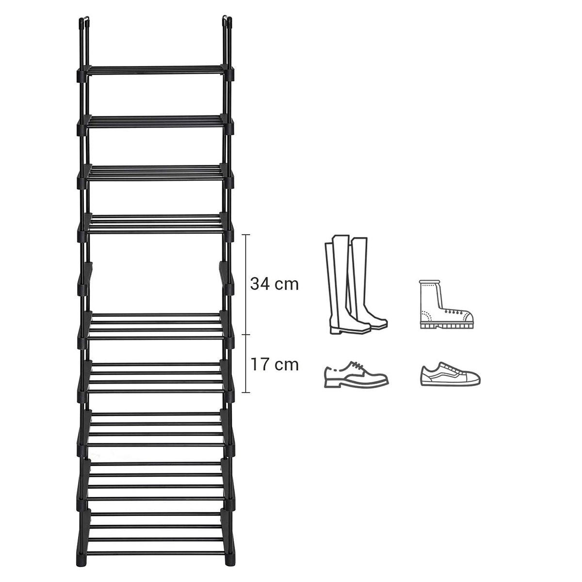 SCHUHREGAL aus schwarzem Eisen mit 10 anpassbaren Ebenen - L45 x H174 cm. - Schwarz, Metall (30/174/45cm) - Calicosy