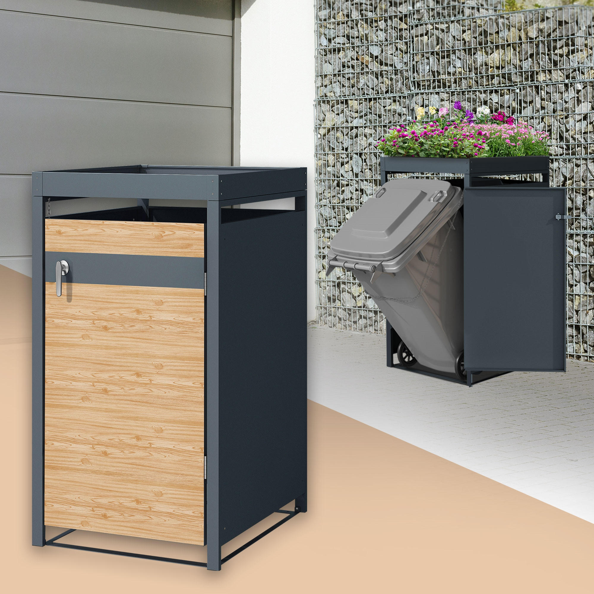 MÜLLTONNENBOX 1er mit Pflanzdach Anthrazit-Lärchenoptik - Hellbraun, Metall (80/124/68cm) - ML-DESIGN