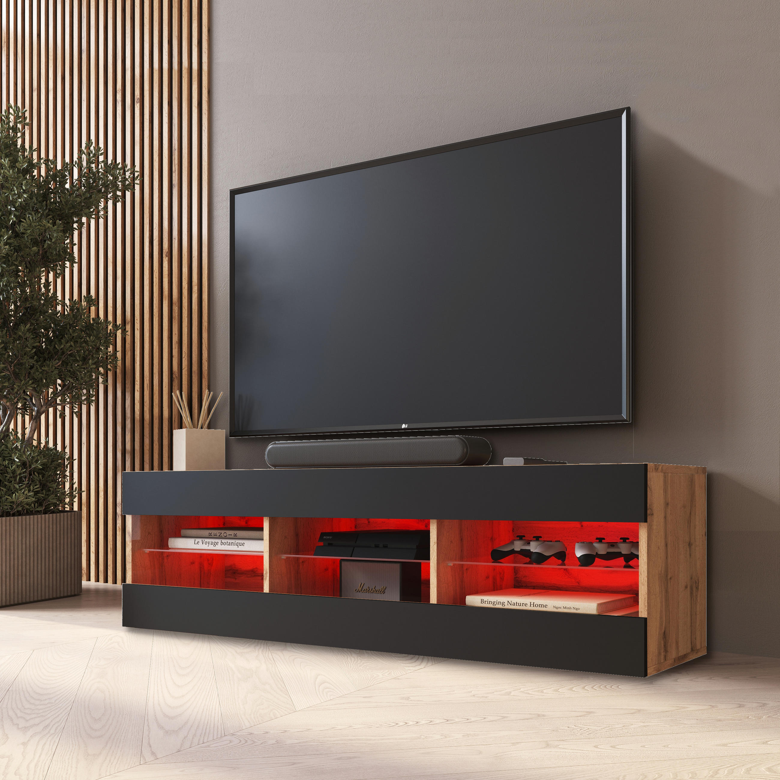 LOWBOARD TIVOLI RTV 140, Schwarz, LED Mehrfarbige - Eiche Wotan/Schwarz, Glas/Holzwerkstoff (140/40.5/35.5cm) - Komodee