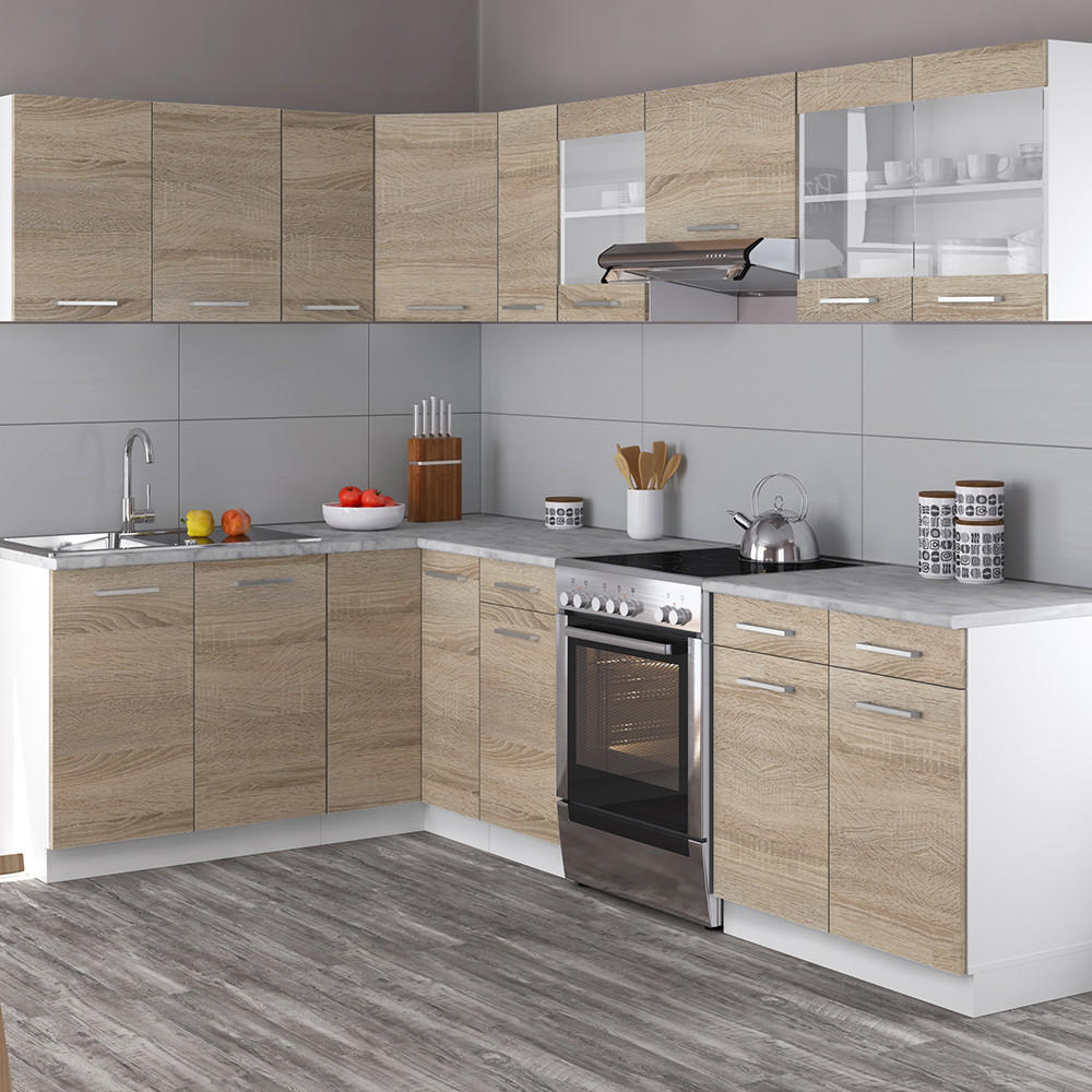 ECKKÜCHE Rick Weiß/Sonoma 267 x 167 cm , AP Marmor mit LED-Leisten - Weiß/Sonoma Eiche, Holzwerkstoff (270/81.6/60cm) - Vicco