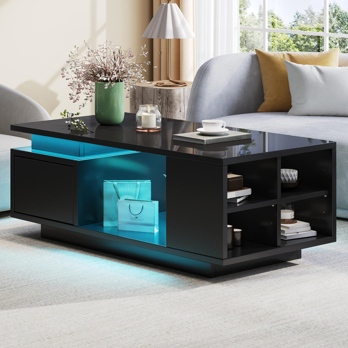 COUCHTISCH mit Schublade und LED 100 x 50 x 36 cm Schwarz - Schwarz, Holzwerkstoff (100/50/36cm) - Meubliv