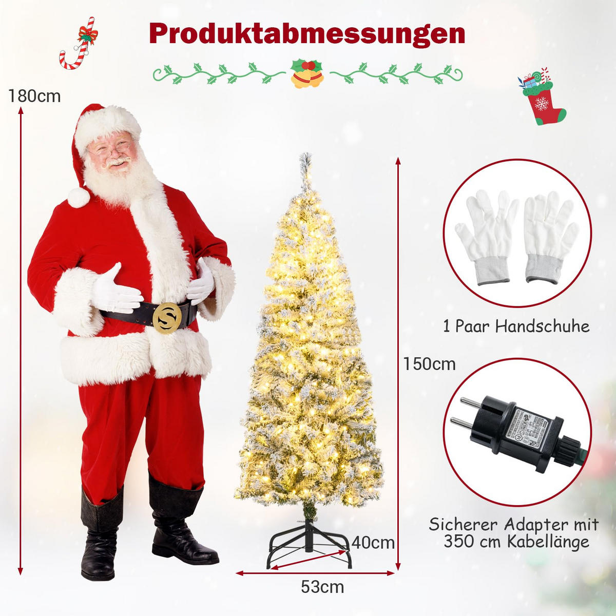 WEIHNACHTSBAUM mit Beleuchtung und Schnee 150 cm grün - Grün, Metall (150cm) - COSTWAY