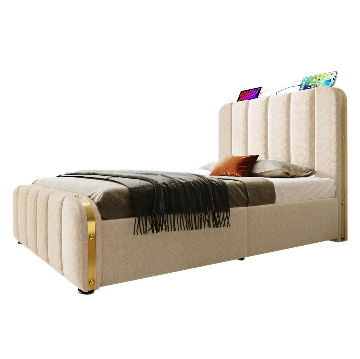 POLSTERBETT 90/200 cm Beige aus Leinen mit Stauraum und USB- und Type-C-Anschlüssen - Beige, Textil (90/200cm) - Flora Grace