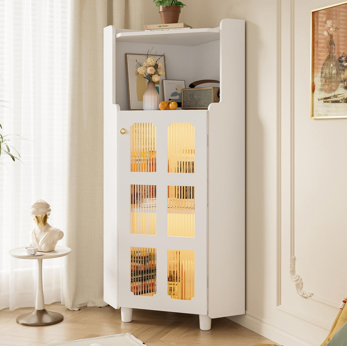 LED-ECKSCHRANK 63.5x16.5x124 cm Weiß aus Spritzglas mit App-LED & 2-in-1 Stauraum - Weiß, Holzwerkstoff (63.5/124/16.5cm) - Modfu