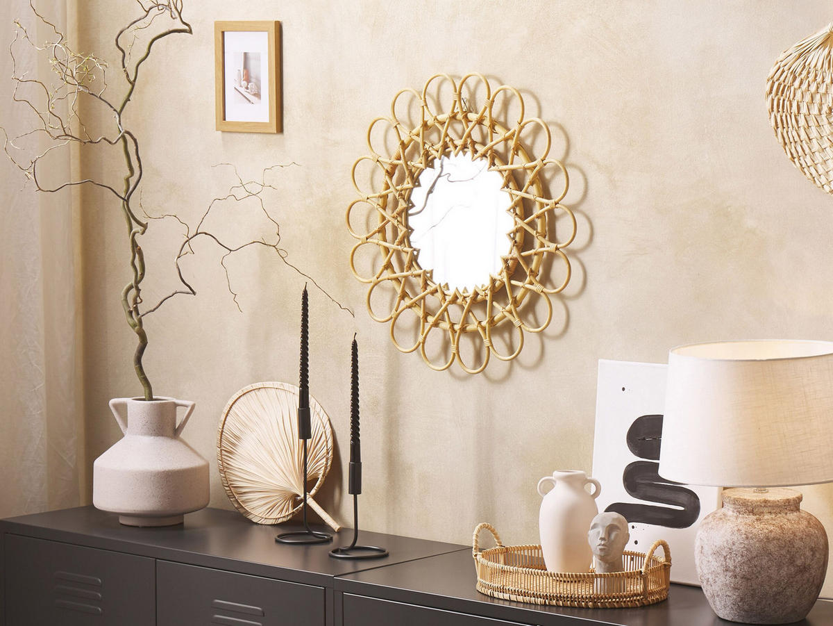 WANDSPIEGEL Rattan natürlich Sonnenform 60 cm Babai - Beige/Naturfarben, Naturmaterialen (60/60/3cm) - Beliani