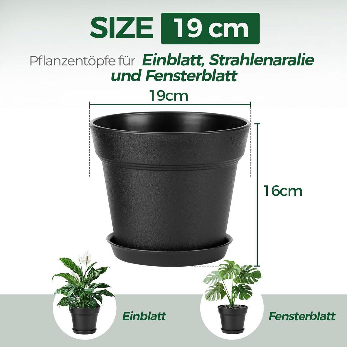 BLUMENTOPF 6er-Set mit Untersetzer Schwarz 19 cm - Schwarz, Kunststoff (19/15.5/19cm)