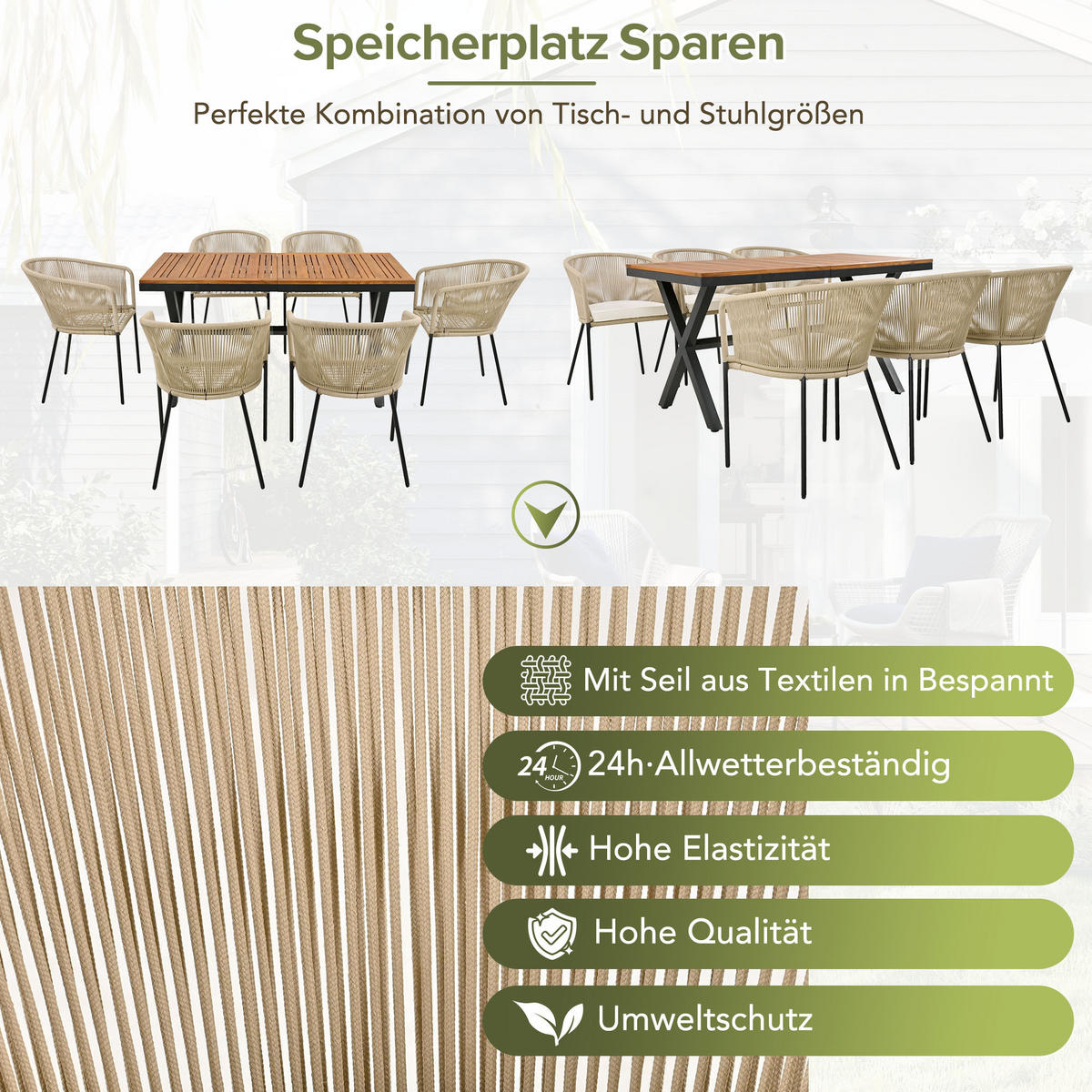GARTEN ESSGRUPPE 140 cm Akazienholz & Seilgeflecht Beige Outdoor Esstischset mit 6 Sesseln - Beige, Metall - Urban Meuble