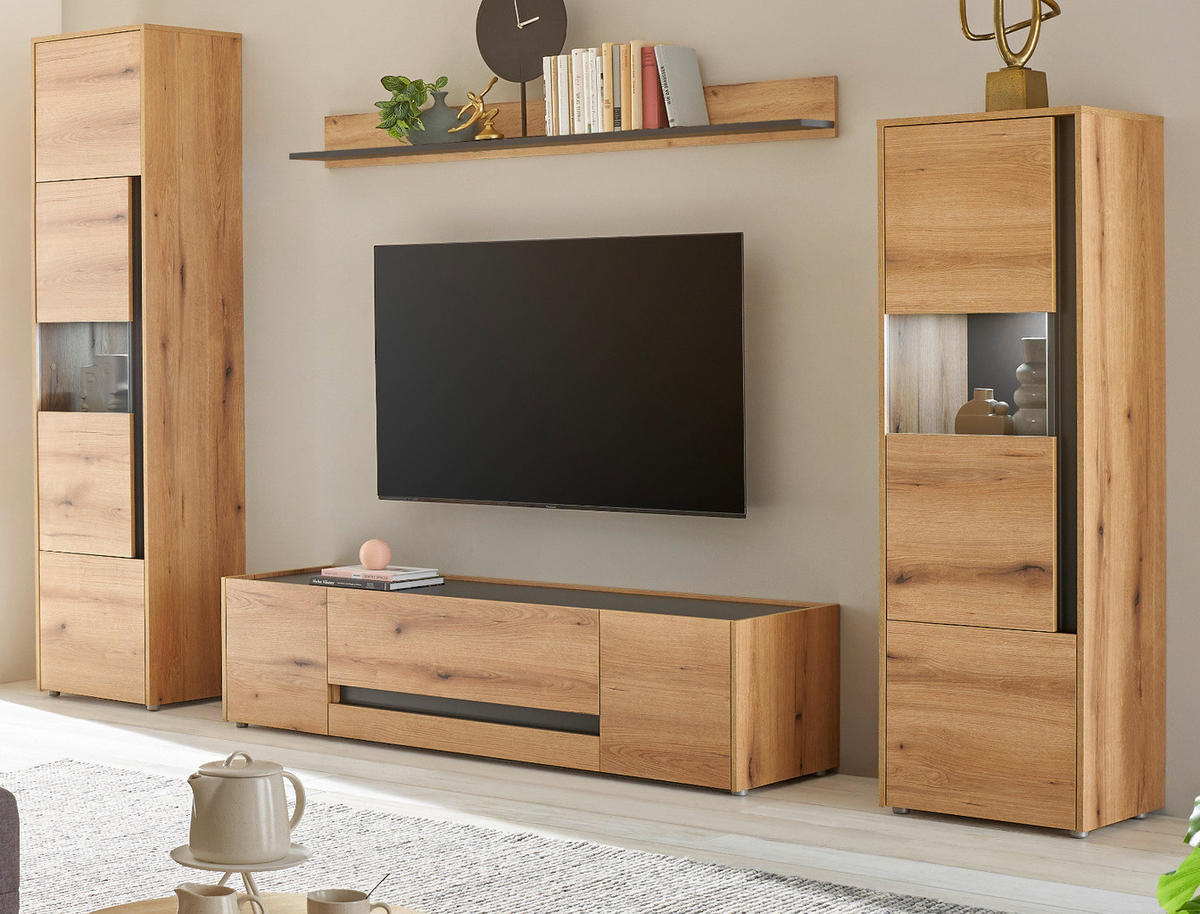 WOHNWAND Evoke Eiche, grau, Wohnkombination Set 4-teilig, 310 cm - Eichefarben/Grau, Glas/Holz (310/197/45cm) - Furn.Design