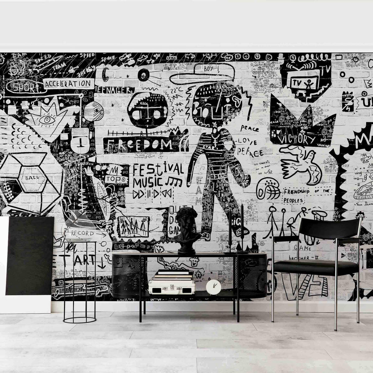 FOTOTAPETE Abstract Graffiti Art Schwarz Weiß 384/255 cm - Schwarz, Papier (384/255cm) - Bilderwelten