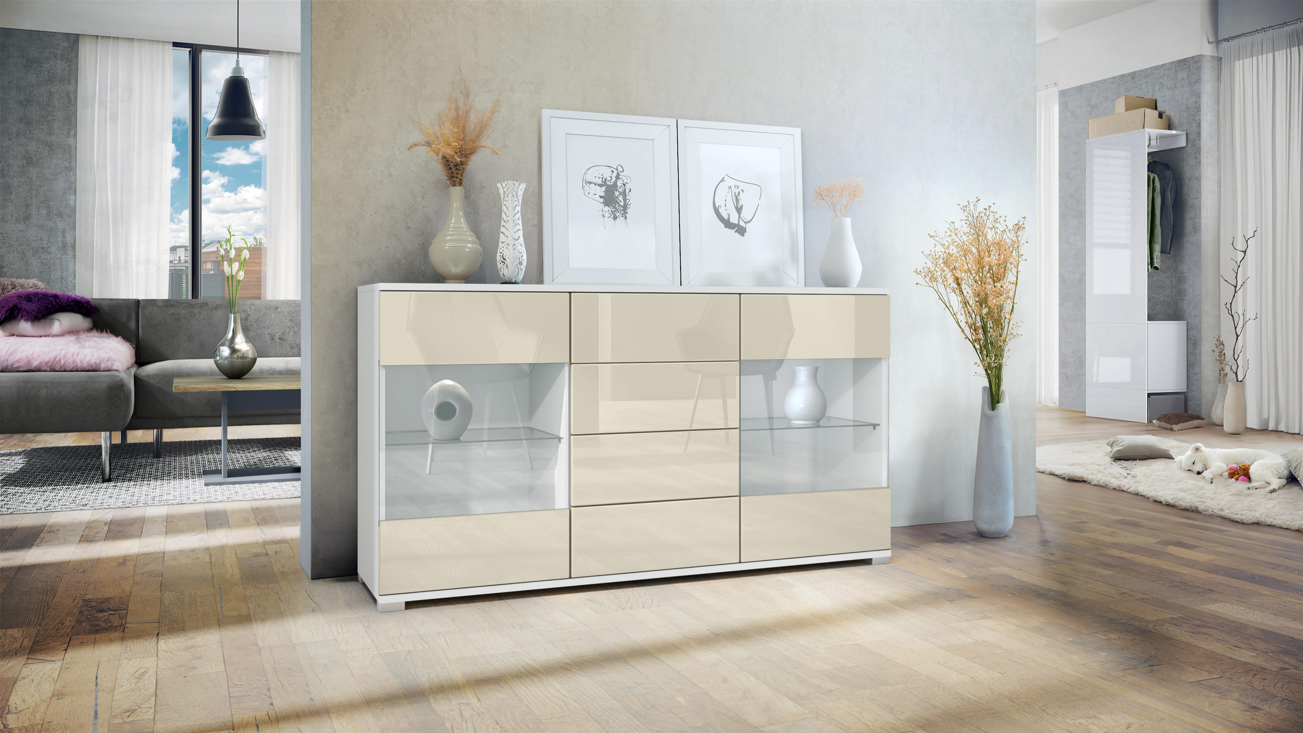 SIDEBOARD Bari Creme Hochglanz - Creme, Holzwerkstoff (138.5/75.5/35cm) - Vladon