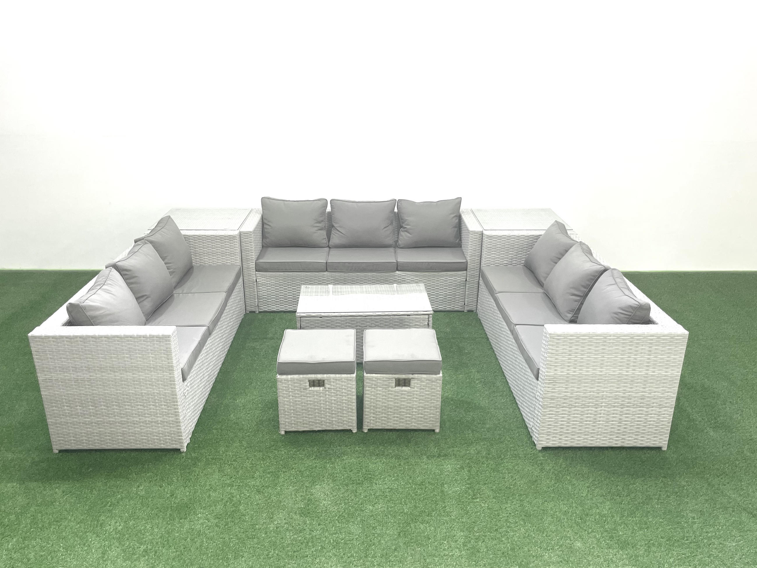 GARTENSET mit 3-SITZER SOFA,COUCHTISCH Polyrattan Hellgrau-Mix 11-Sitzer - Hellgrau/Grau, Glas/Kunststoff - Fimous