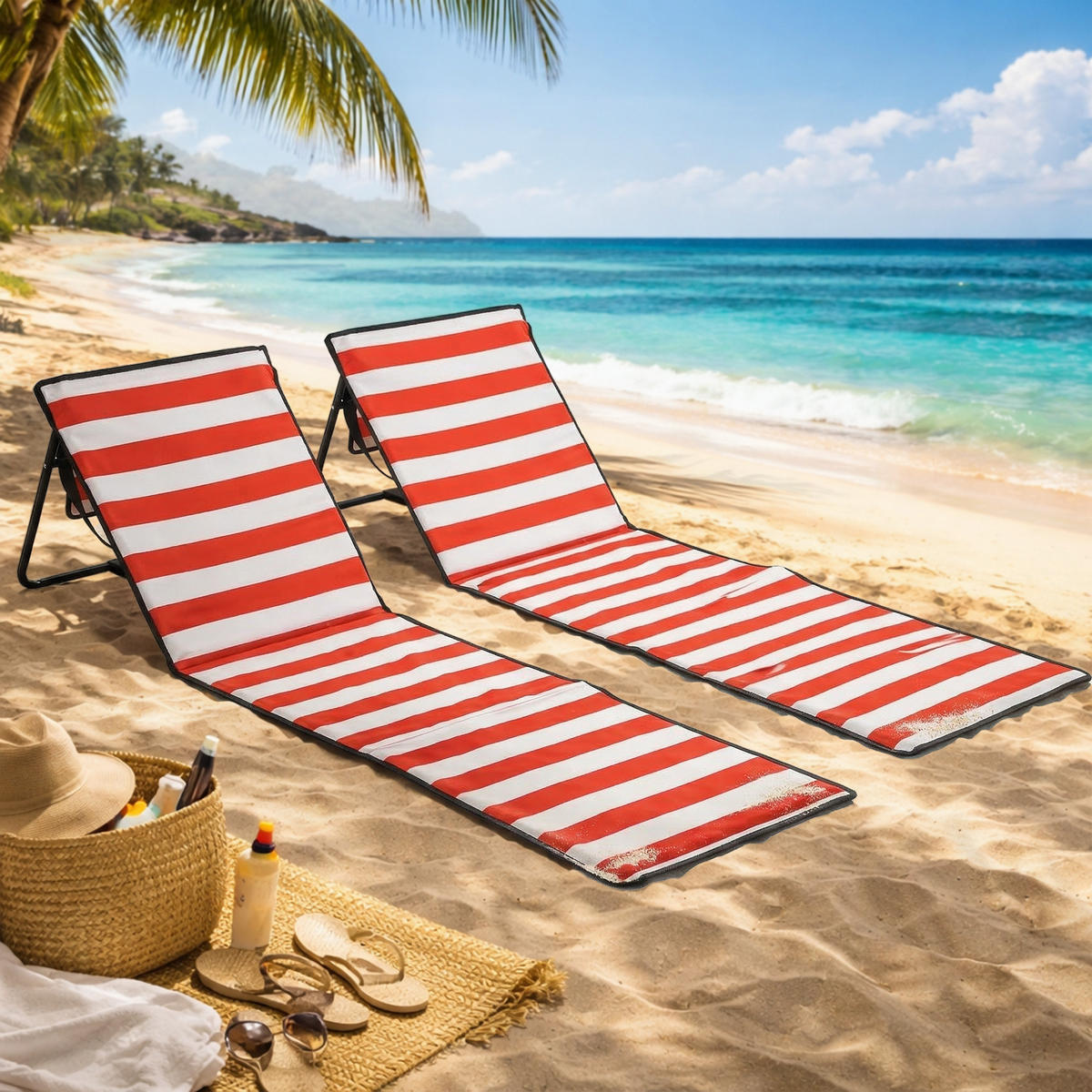 STRANDLIEGE, klappbar, verstellbare Rücklehne, Tragegurt, weiche Polsterung, Stahlrahmen, Rot, 142x51x40cm - Rot, Metall (142/40/51cm)