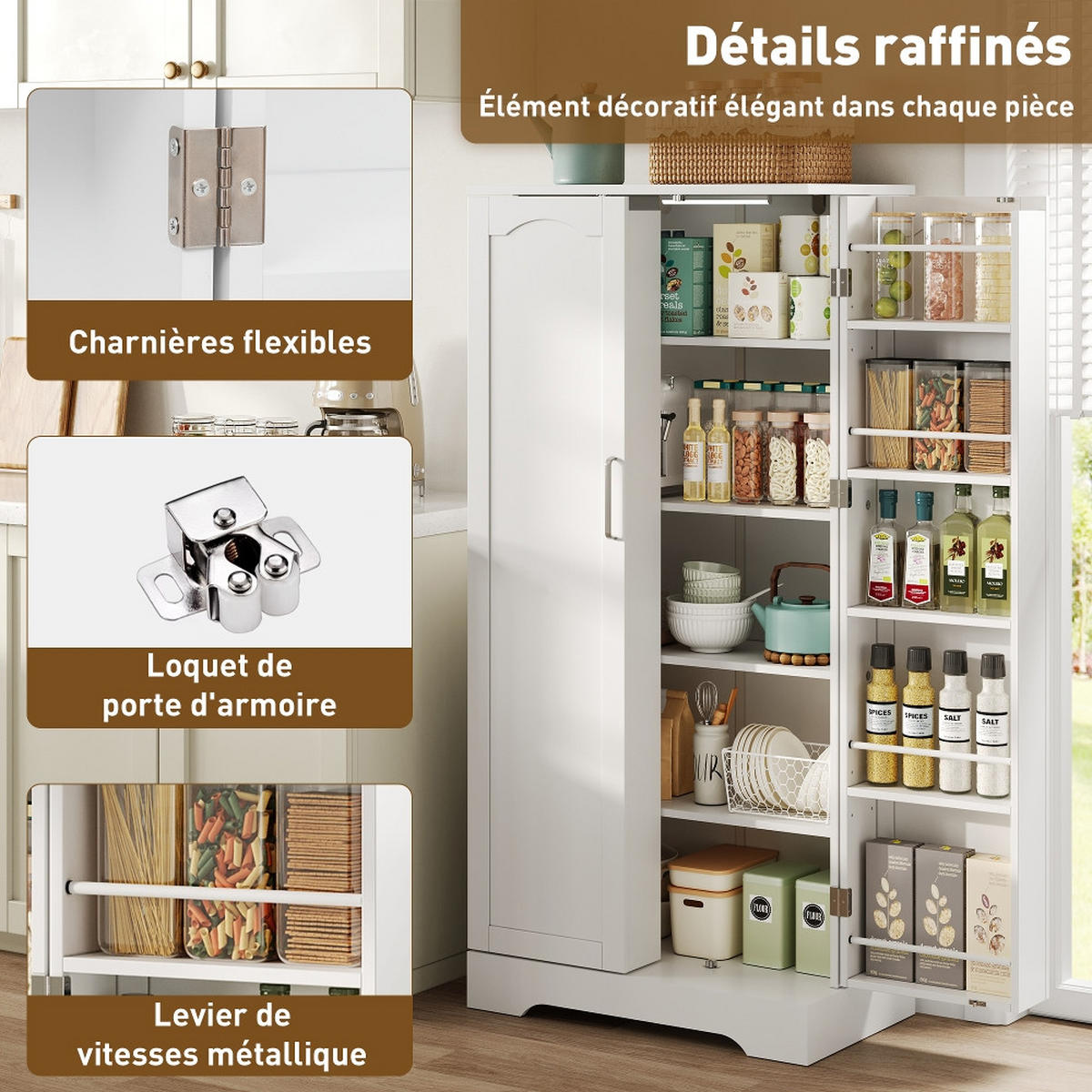 KÜCHENSCHRANK Weiß, Multifunktional mit LED-Sensorleuchte, Höhenverstellbare Einlegeböden, Doppeltür, 60/128/35 cm - Weiß, Kunststoff (35/128/60cm) - Rolipo
