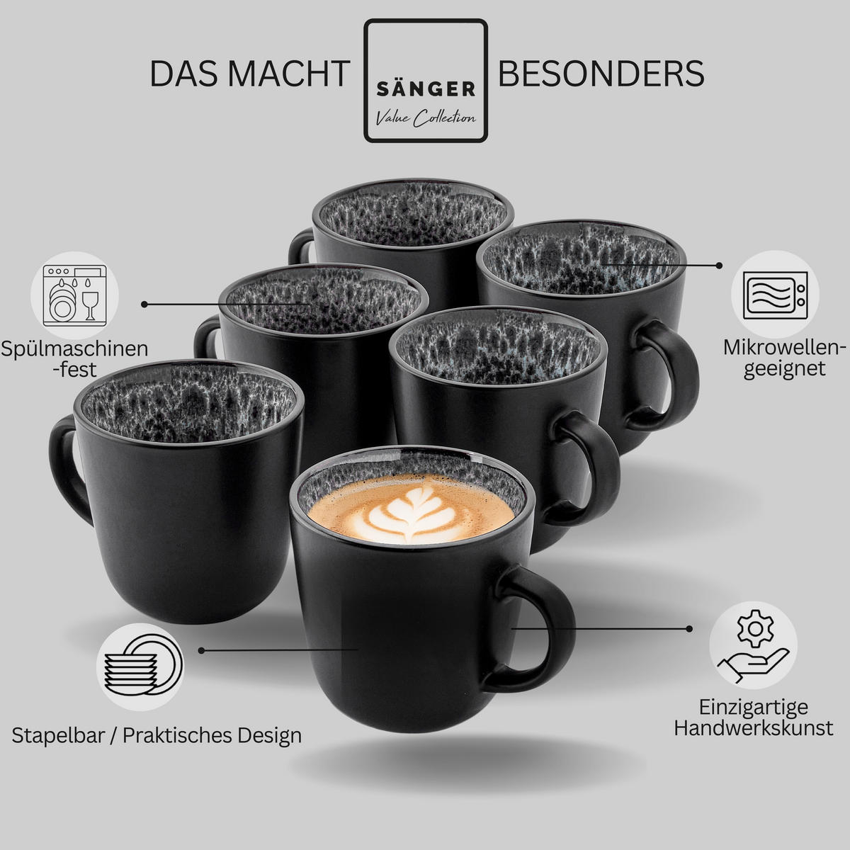 KAFFEEBECHER SET SYDNEY - 6 teilig aus Steingut - Grau, Keramik (0.43L) - Sänger