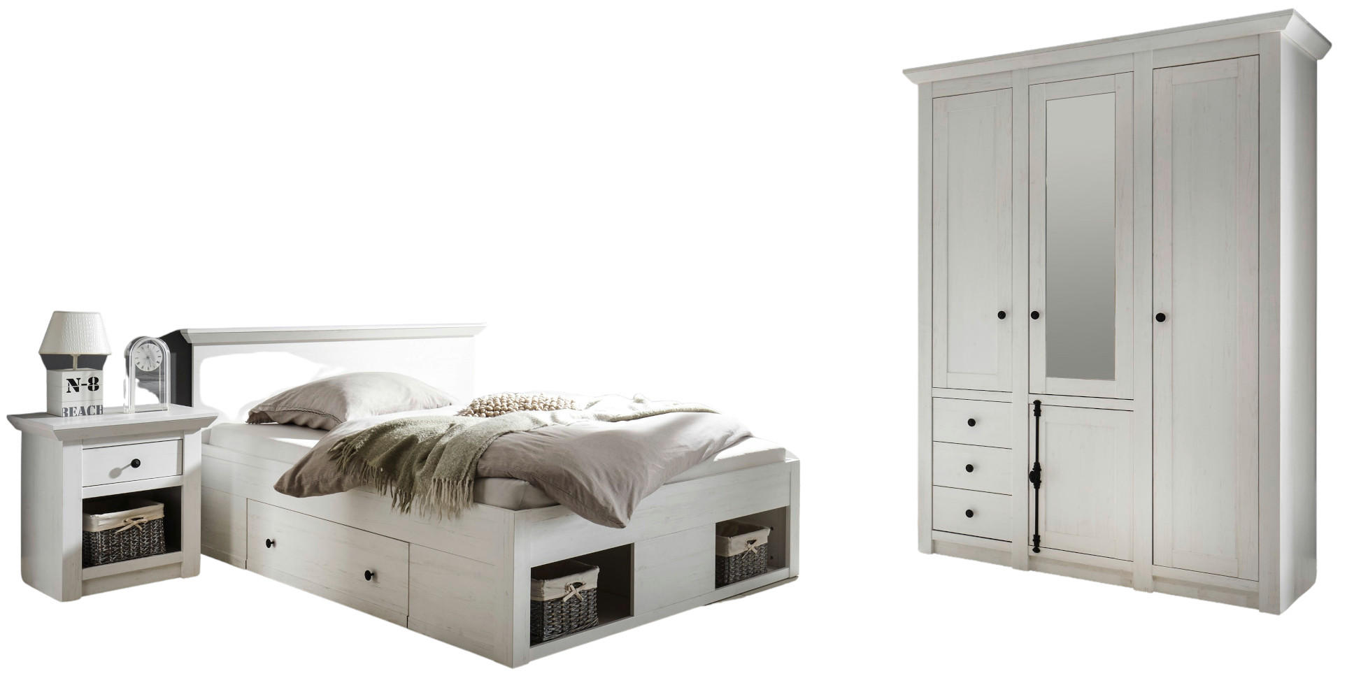 SCHLAFZIMMER Pinie weiß Set 3-teilig mit Bett, Kleiderschrank und Nachttisch - Schwarz/Weiß, Glas/Holzwerkstoff (155/206/212cm) - Furn.Design