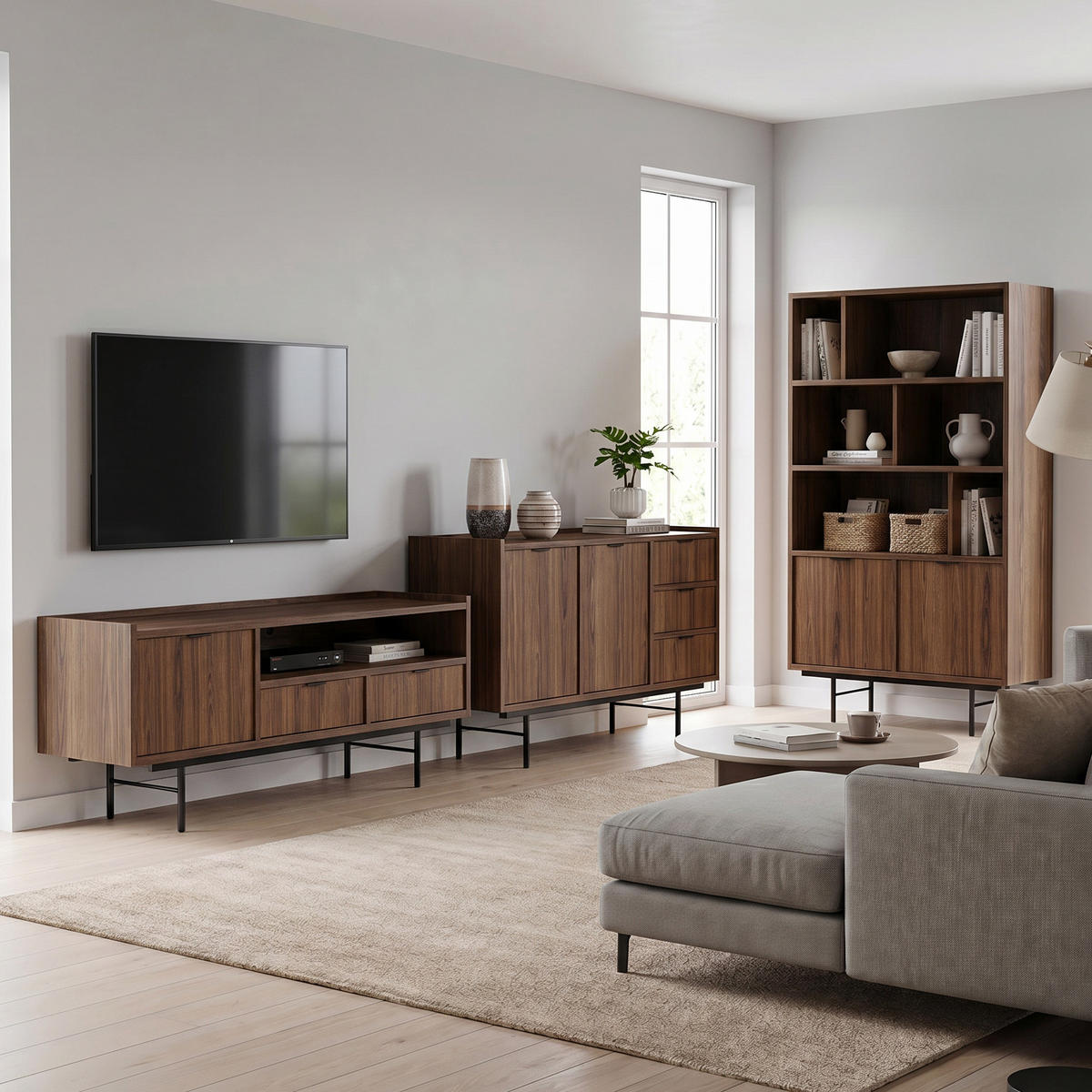 WOHNWAND Evron Kommode 150 cm TV-Board 150 cm Bücherregal 90 cm, Walnuss - Walnussfarben/Schwarz, Holzwerkstoff/Metall (150/90/40cm) - Beautysofa