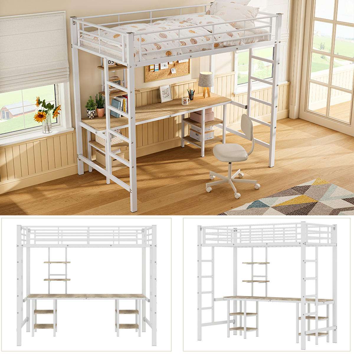 ETAGENBETT 90/200 cm mit Schreibtisch, Regalen und Fallschutz aus Metall und MDF, Weiß - Weiß, Holzwerkstoff (90/200cm) - Redom