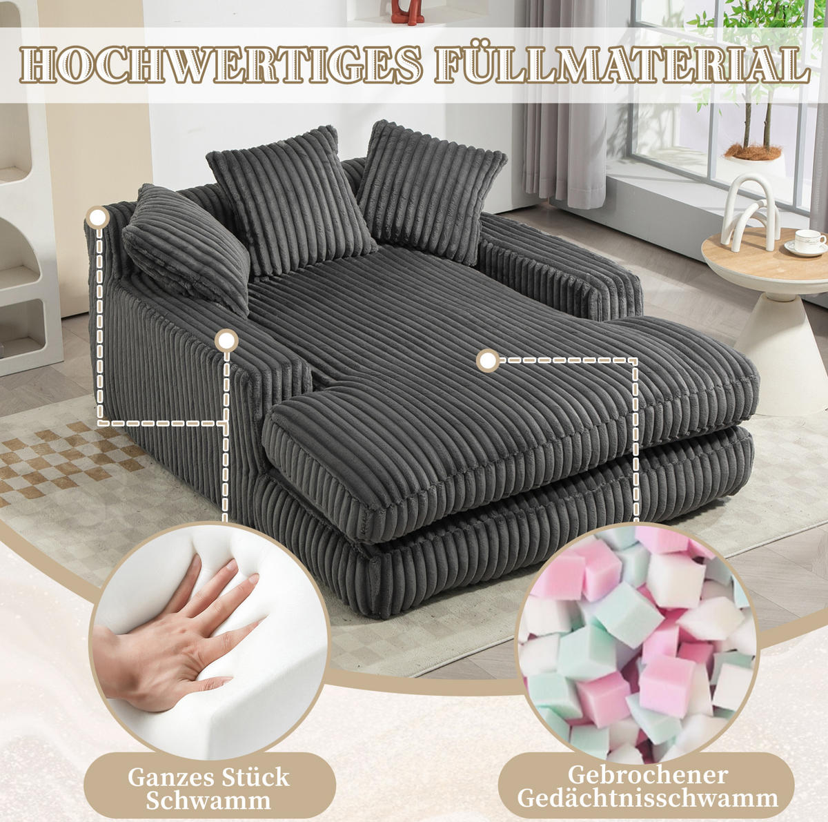 BIGSOFA 125/155/63 cm in Cord Dunkelgrau mit Chaiselongue - Dunkelgrau, Textil (63/125/155cm) - BEAOK