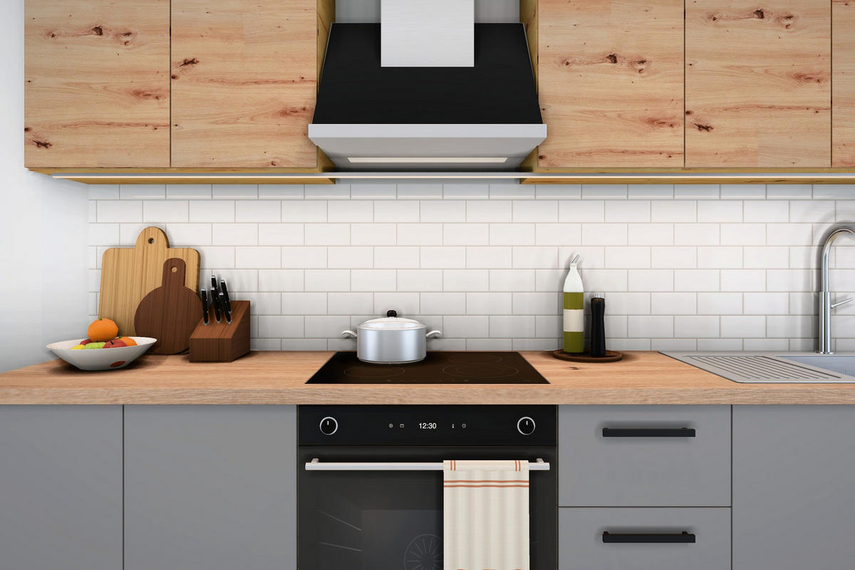KÜCHENZEILE Nexa Grau & Woodline – 260 cm – K97-G260 - Hellbraun/Schwarz, Holzwerkstoff/Metall (260/212/52cm) - ROYAL24_MARKT