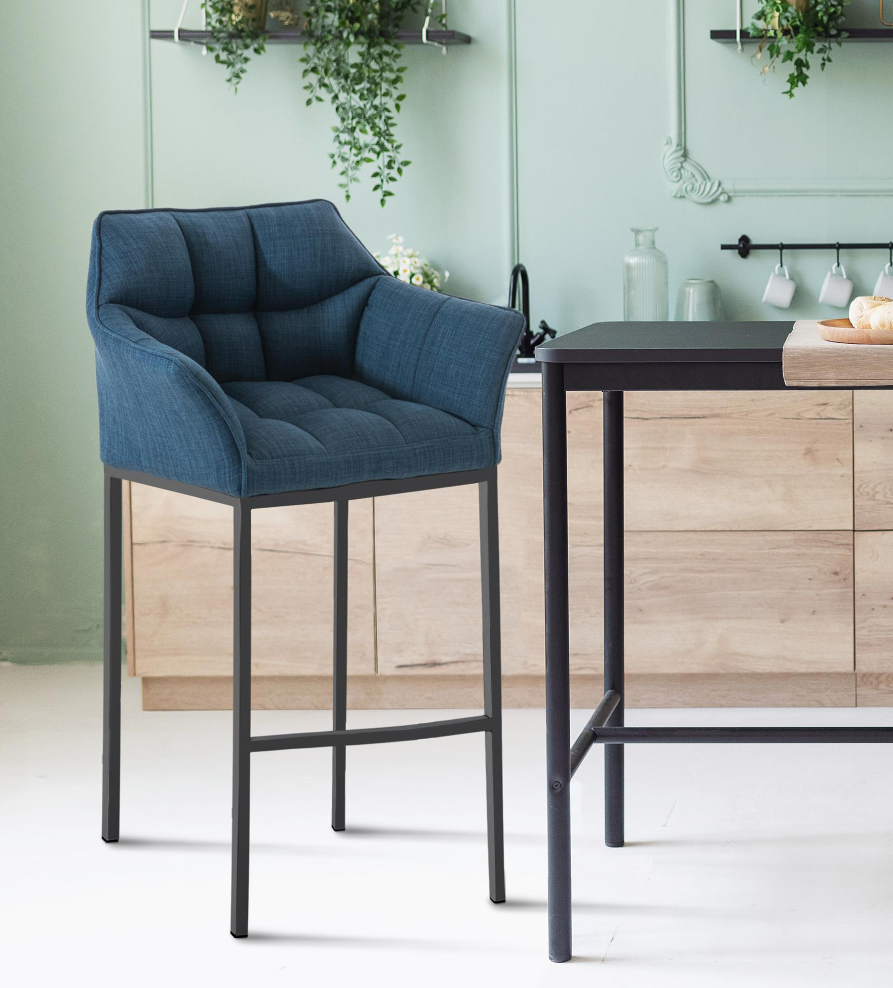 BARHOCKER 2er Set Stoff Blau - Blau/Schwarz, Textil/Metall (64/110/48cm) - CLP