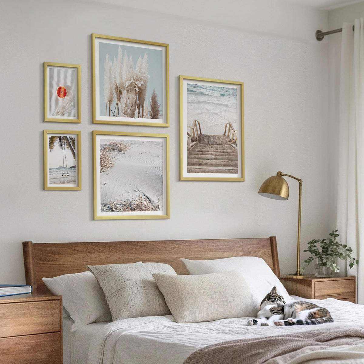 WANDBILDER 5er Set - 50x50 cm & 20x30 cm & 40x60 cm Goldrahmen - Strandatmosphäre dank hölzerner Treppen. - Goldfarben, Kunststoff (40/60cm) - ArtPrintCave