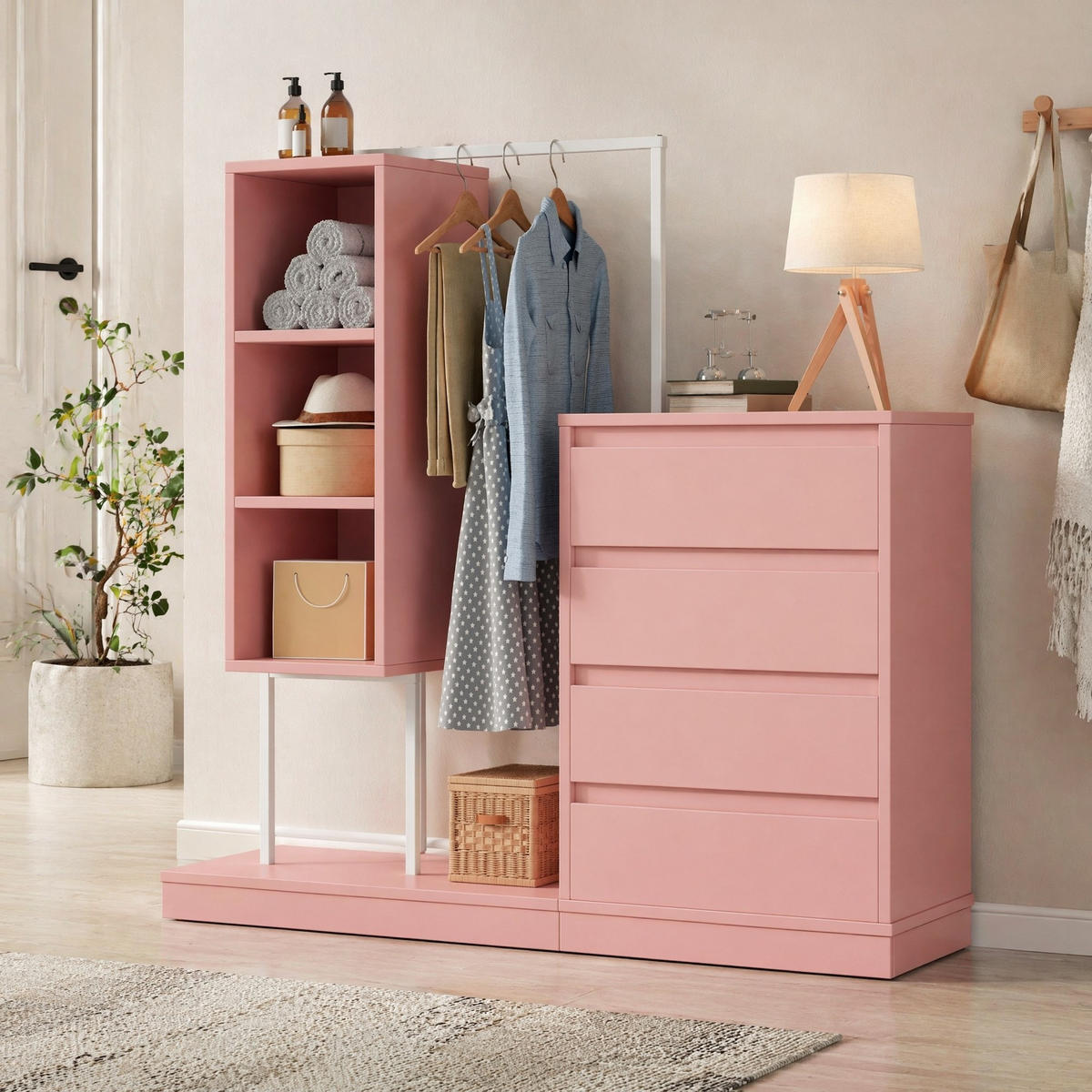 GARDEROBENSCHRANK mit Schubladen Kleiderstange offenen Ablagen Sideboard Rosa 140/40/135 cm - Rosa, Holzwerkstoff/Metall (140/127.5/40cm) - EVRYAE